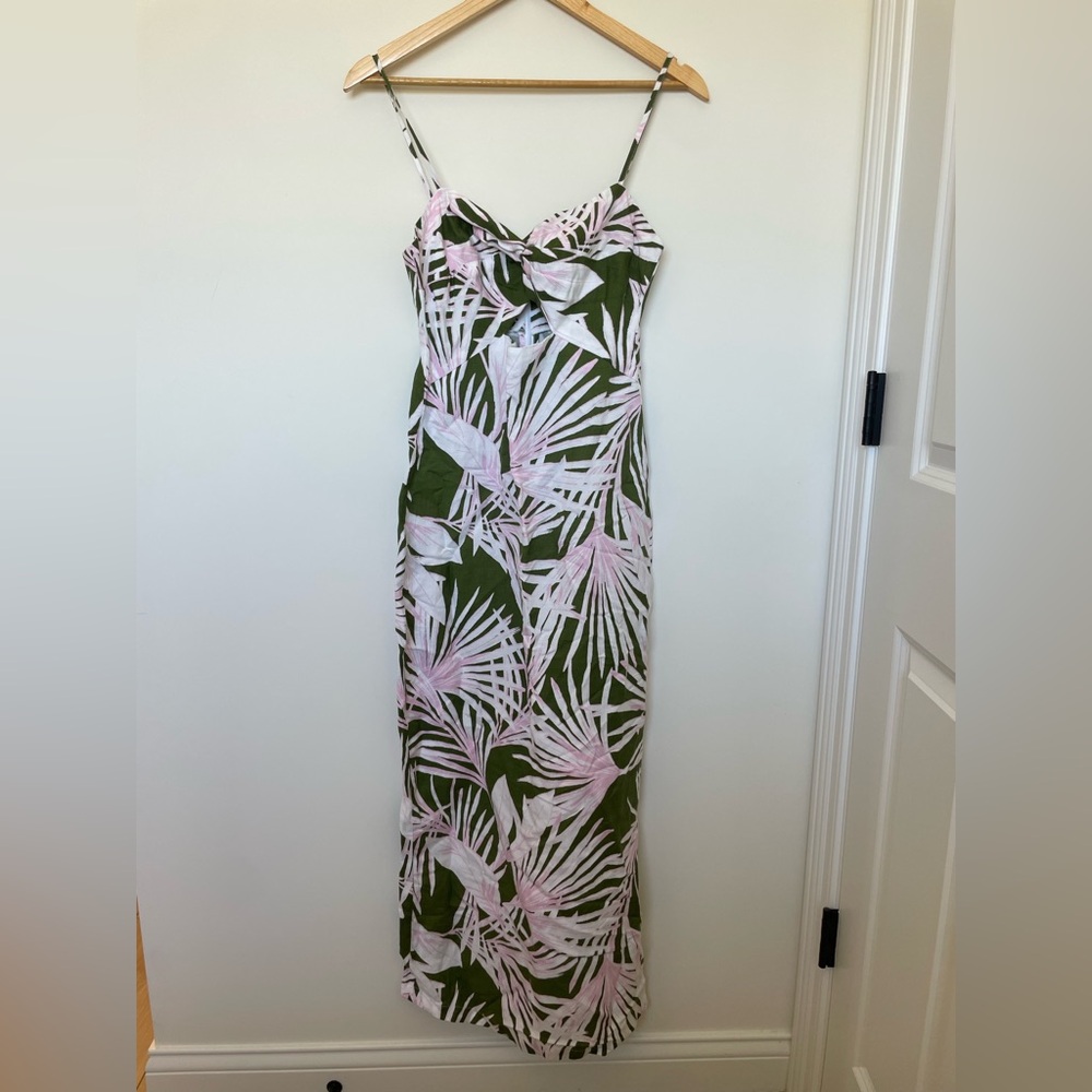 NWT LOFT Beach Olive Green and Light Pink Tropical Print Vacation Dress